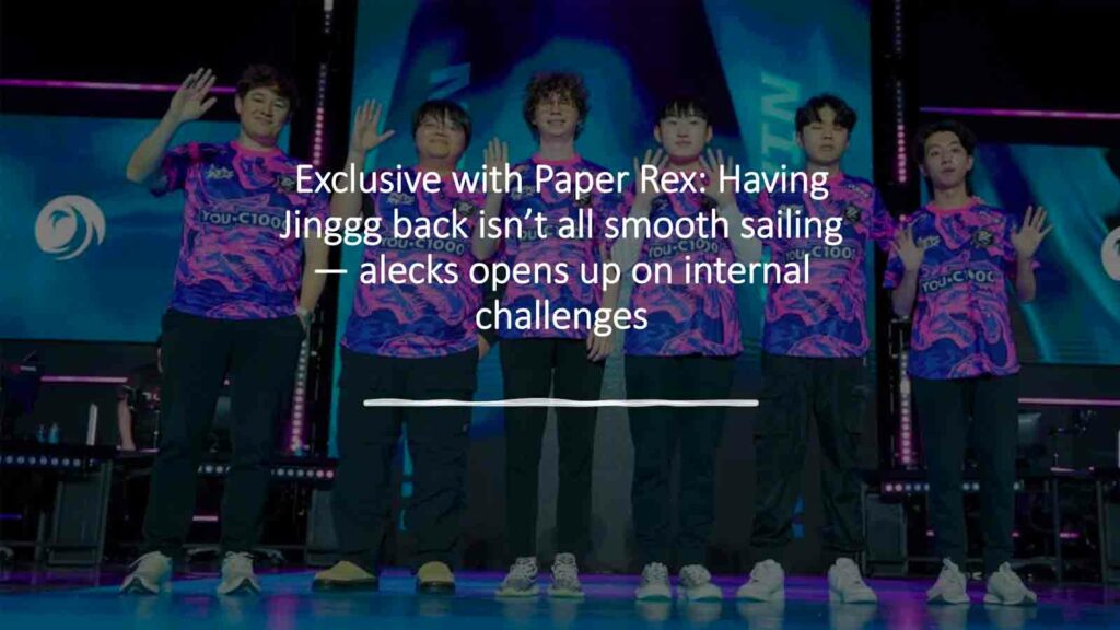 Paper Rex roster with coach alecks on stage waving after the match against Bleed Esports on Day 13 of VCT Pacific Stage 1 2024 in ONE Esports featured image for article "Exclusive with Paper Rex: Having Jinggg back isn’t all smooth sailing — alecks opens up on internal challenges"